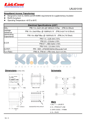 LAL0213-50 datasheet - Broadband Access Transformer