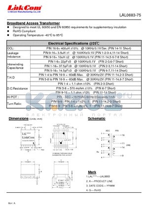 LAL0683-75 datasheet - Broadband Access Transformer