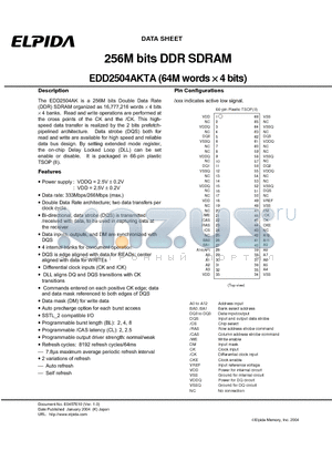 EDD2504AKTA-7A datasheet - 256M bits DDR SDRAM (64M words x 4 bits)
