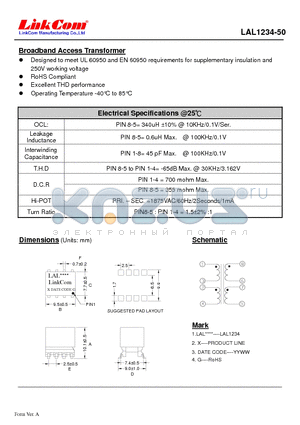 LAL1234-50 datasheet - Broadband Access Transformer