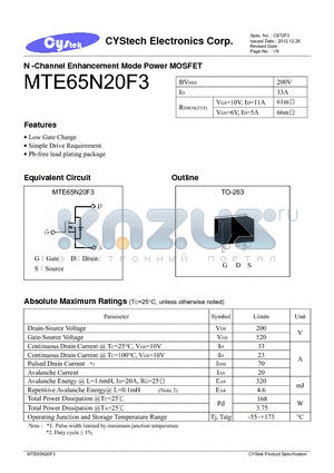 MTE65N20F3 datasheet - N -Channel Enhancement Mode Power MOSFET