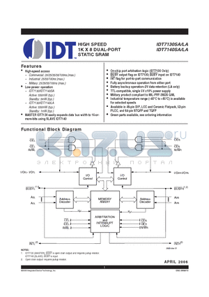 IDT7130LA20JGI datasheet - HIGH SPEED 1K X 8 DUAL-PORT STATIC SRAM