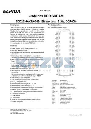 EDD2516AKTA-5-E datasheet - 256M bits DDR SDRAM (16M words x16 bits, DDR400)