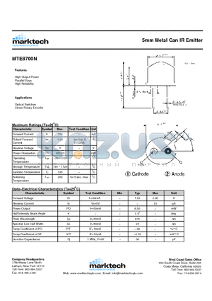 MTE8700N datasheet - 5mm Metal Can IR Emitter