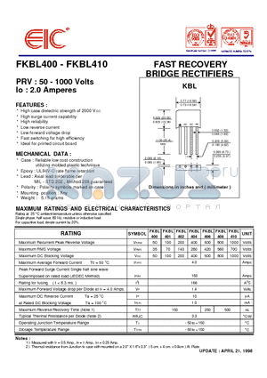 FKBL402 datasheet - FAST RECOVERY BRIDGE RECTIFIERS