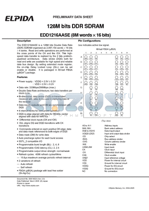 EDD1216AASE-7A-E datasheet - 128M bits DDR SDRAM (8M words x 16 bits)