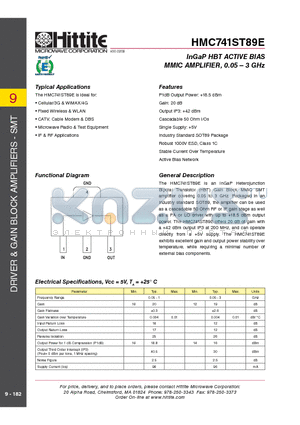 HMC741ST89E datasheet - InGaP HBT ACTIVE BIAS MMIC AMPLIFIER, 0.05 - 3 GHz