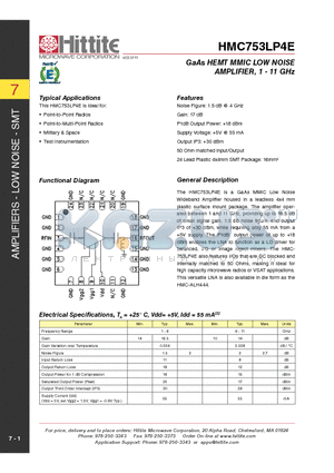 HMC753LP4E_11 datasheet - GaAs HEMT MMIC LOW NOISE AMPLIFIER, 1 - 11 GHz