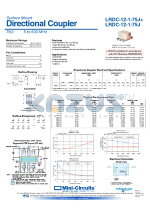 LRDC-12-1-75J+ datasheet - Directional Coupler 75Y 5 to 600 MHz