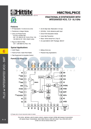 HMC764LP6CE_10 datasheet - FRACTIONAL-N SYNTHESIZER WITH INTEGRATED VCO, 7.3 - 8.2 GHz