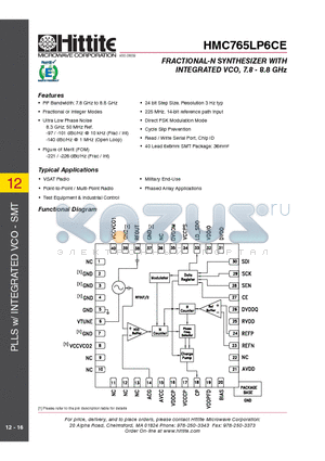 HMC765LP6CE datasheet - FRACTIONAL-N SYNTHESIZER WITH INTEGRATED VCO, 7.8 - 8.8 GHz