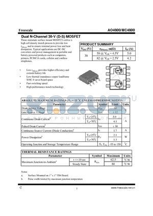 MC4800 datasheet - Dual N-Channel 30-V (D-S) MOSFET High performance trench technology
