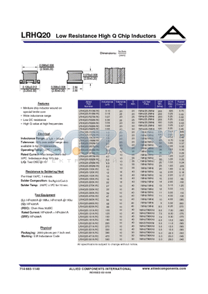 LRHQ20-R39M-RC datasheet - Low Resistance High Q Chip Inductors