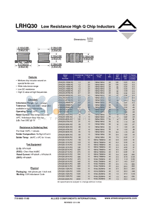 LRHQ30-102K-RC datasheet - Low Resistance High Q Chip Inductors