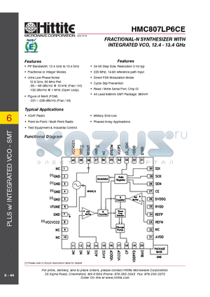 HMC807LP6CE_10 datasheet - FRACTIONAL-N SYNTHESIZER WITH INTEGRATED VCO, 12.4 - 13.4 GHz