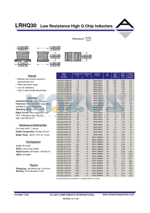 LRHQ30-1R8M-RC datasheet - Low Resistance High Q Chip Inductors