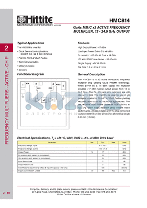 HMC814 datasheet - GaAs MMIC x2 ACTIVE FREQUENCY MULTIPLIER, 13 - 24.6 GHz OUTPUT