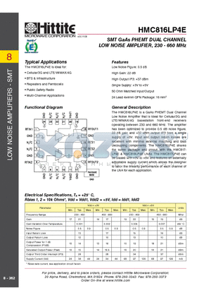 HMC816LP4E datasheet - SMT GaAs PHEMT DUAL CHANNEL LOW NOISE AMPLIFIER, 230 - 660 MHz