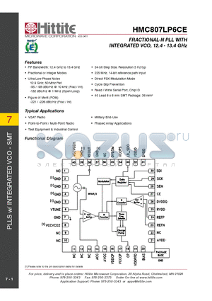 HMC807LP6CE datasheet - FRACTIONAL-N PLL WITH INTEGRATED VCO, 12.4 - 13.4 GHz