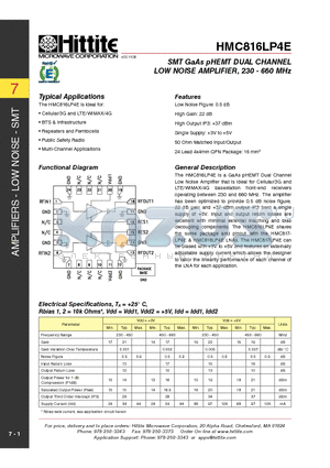 HMC816LP4E_10 datasheet - SMT GaAs pHEMT DUAL CHANNEL LOW NOISE AMPLIFIER, 230 - 660 MHz