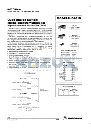 MC54-74HC4016 datasheet - Quad Analog Switch/ Multiplexer/Demultiplexer