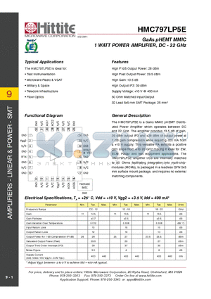 HMC797LP5E datasheet - GaAs pHEMT MMIC 1 WATT POWER AMPLIFIER, DC - 22 GHz