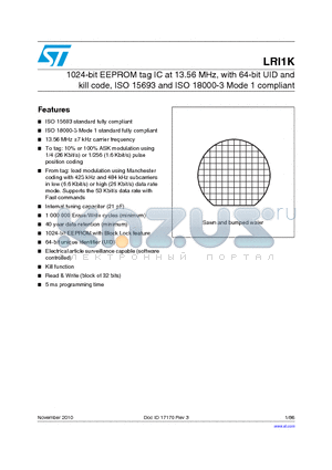 LRI1K datasheet - 1024-bit EEPROM tag IC at 13.56 MHz, with 64-bit UID and kill code, ISO 15693 and ISO 18000-3 Mode 1 compliant
