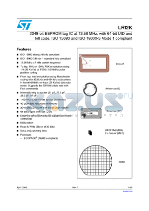 LRI2K datasheet - 2048-bit EEPROM tag IC at 13.56 MHz, with 64-bit UID and kill code, ISO 15693 and ISO 18000-3 Mode 1 compliant