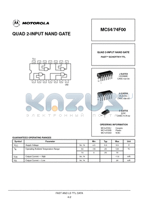 MC54F00J datasheet - QUAD 2-INPUT NAND GATE FAST SCHOTTKY TTL