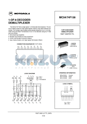 MC54F138N datasheet - 1-OF-8 DECODER/ DEMULTIPLEXER