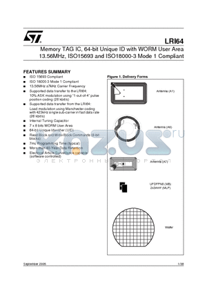 LRI64-A1S/XXX datasheet - Memory TAG IC, 64-bit Unique ID with WORM User Area 13.56MHz, ISO15693 and ISO18000-3 Mode 1 Compliant