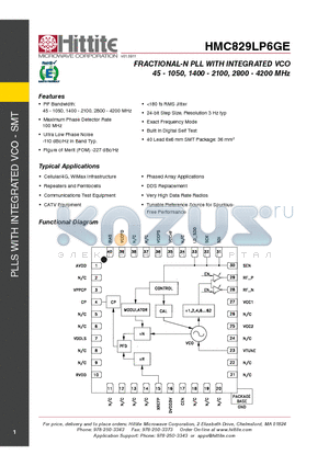 HMC829LP6GE datasheet - FRACTIONAL-N PLL WITH INTEGRATED VCO 45 - 1050, 1400 - 2100, 2800 - 4200 MHz