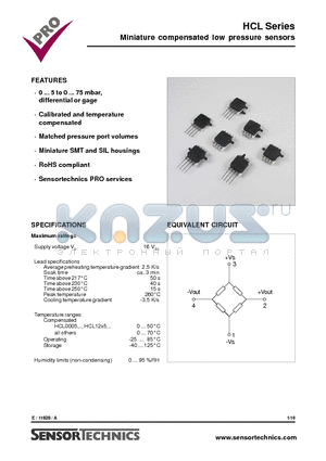 HCL0025G datasheet - Miniature compensated low pressure sensors