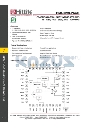 HMC829LP6GE datasheet - FRACTIONAL-N PLL WITH INTEGRATED VCO 45 - 1050, 1400 - 2100, 2800 - 4200 MHz