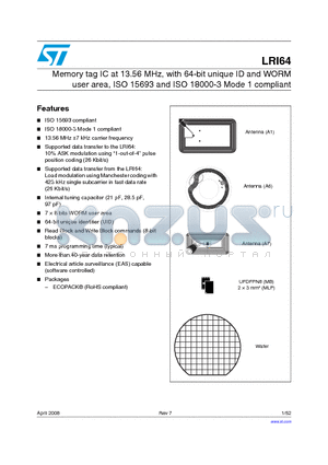 LRI64-SBN18 datasheet - Memory tag IC at 13.56 MHz, with 64-bit unique ID and WORM user area, ISO 15693 and ISO 18000-3 Mode 1 compliant