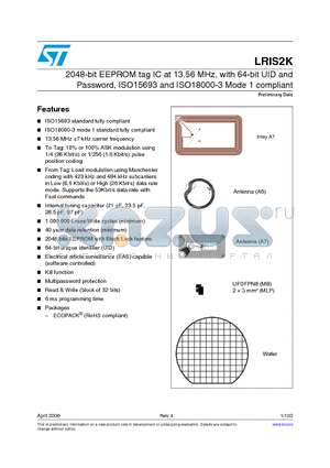 LRIS2K-A1S datasheet - 2048-bit EEPROM tag IC at 13.56 MHz, with 64-bit UID and Password, ISO15693 and ISO18000-3 Mode 1 compliant