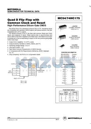 MC54HC175J datasheet - Quad D Flip-Flop with Common Clock and Reset