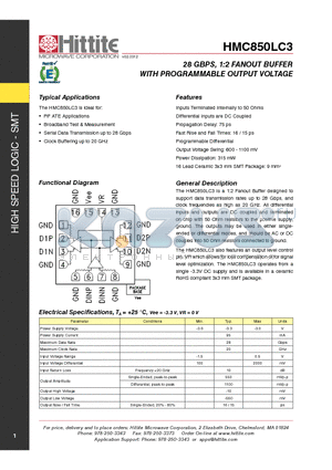 HMC850LC3 datasheet - 28 Gbps, 1:2 FANOUT BUFFER