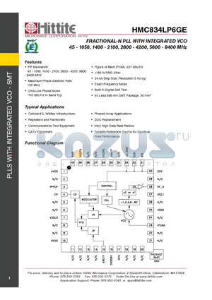 HMC834LP6GE datasheet - Fractional-N PLL with Integrated VCO