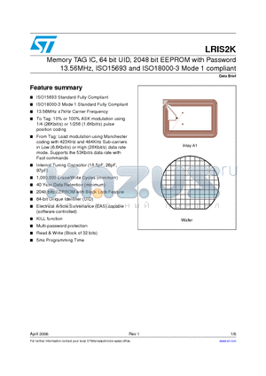 LRIS2K-SBN18 datasheet - Memory TAG IC, 64 bit UID, 2048 bit EEPROM with Password 13.56MHz, ISO15693 and ISO18000-3 Mode 1 compliant
