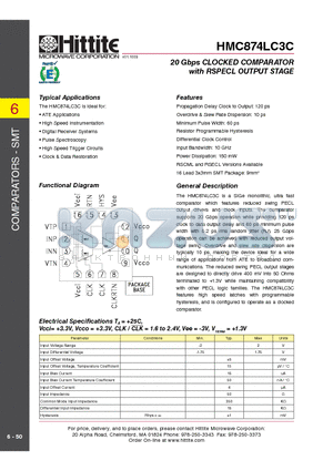 HMC874LC3C datasheet - 20 Gbps CLOCKED COMPARATOR with RSPECL OUTPUT STAGE