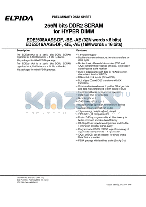 EDE2508AASE-DF-E datasheet - 256M bits DDR2 SDRAM for HYPER DIMM