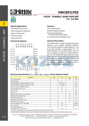 HMC891LP5E datasheet - FILTER - TUNABLE, BAND PASS SMT 2.0 - 3.9 GHz