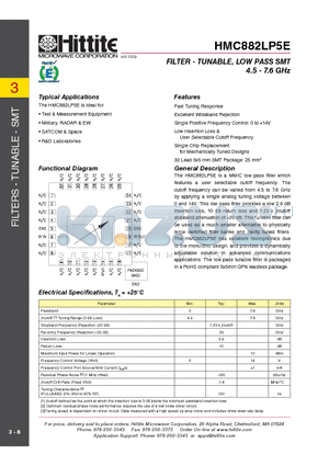 HMC882LP5E datasheet - FILTER - TUNABLE, LOW PASS SMT 4.5 - 7.6 GHz