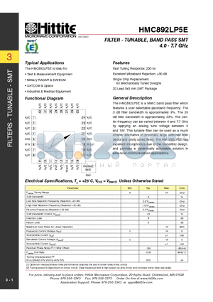 HMC892LP5E datasheet - FILTER - TUNABLE, BAND PASS SMT 4.0 - 7.7 GHz