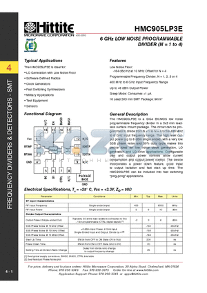 HMC905LP3E datasheet - 6 GHz LOW NOISE PROGRAMMABLE DIVIDER (N = 1 to 4)
