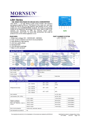 LS01-15B05S datasheet - LS01 Series ----- are high efficiency green power modules with miniature packaging provided by Mornsun.