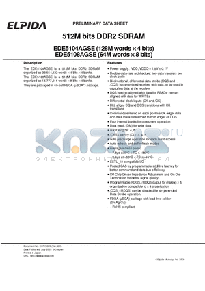 EDE5104AGSE-5C-E datasheet - 512M bits DDR2 SDRAM