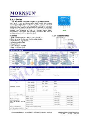 LS01-15B15S datasheet - LS01 Series ----- are high efficiency green power modules with miniature packaging provided by Mornsun.