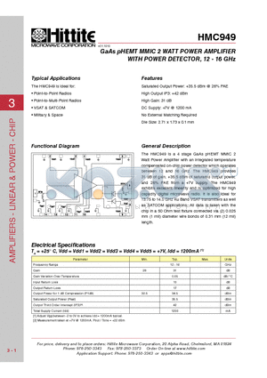 HMC949 datasheet - GaAs pHEMT MMIC 2 WATT POWER AMPLIFIER WITH POWER DETECTOR, 12 - 16 GHz